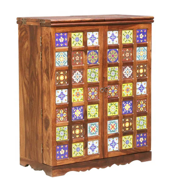 Industrial Vintage Bar Cabinet Indian Sheesham Wood High End Bar Cabinet Jodhpur Handcraft Wine Bottle Storage Racks Bar Cabinet