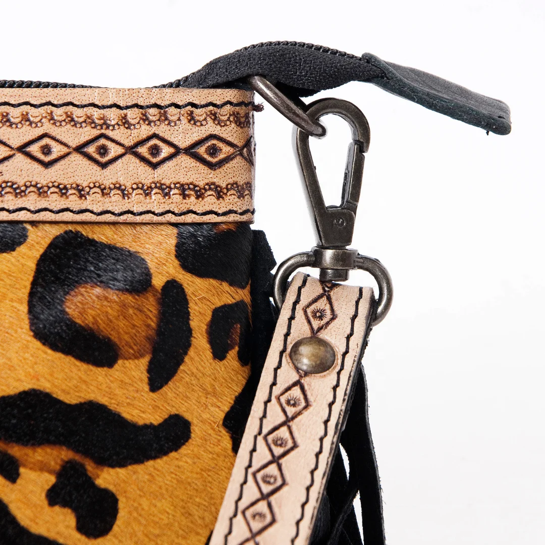 Women Small Crossbody Bag Made of Jaguar Print Vegetable Tanned Hairon Cowhide With Matching Hand Carved Straps Customization