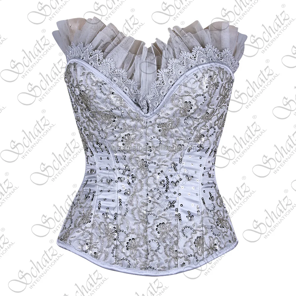 Overbust Corset Professional Girls Stage Dance Costumes White Overbust Steelboned Wedding Bridal Wear White Satin With Frill
