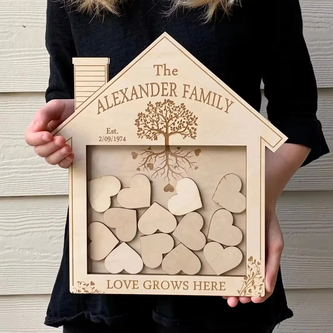 Family themed personalized wooden heart box, house shaped wooden gift box, handmade gift.