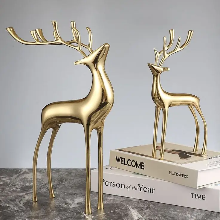 Set of 2 Metal Sculpture Art Animal Sculptures Interior Table Decor Animal Deer Luxury Golden for Decoration Homes and Garden