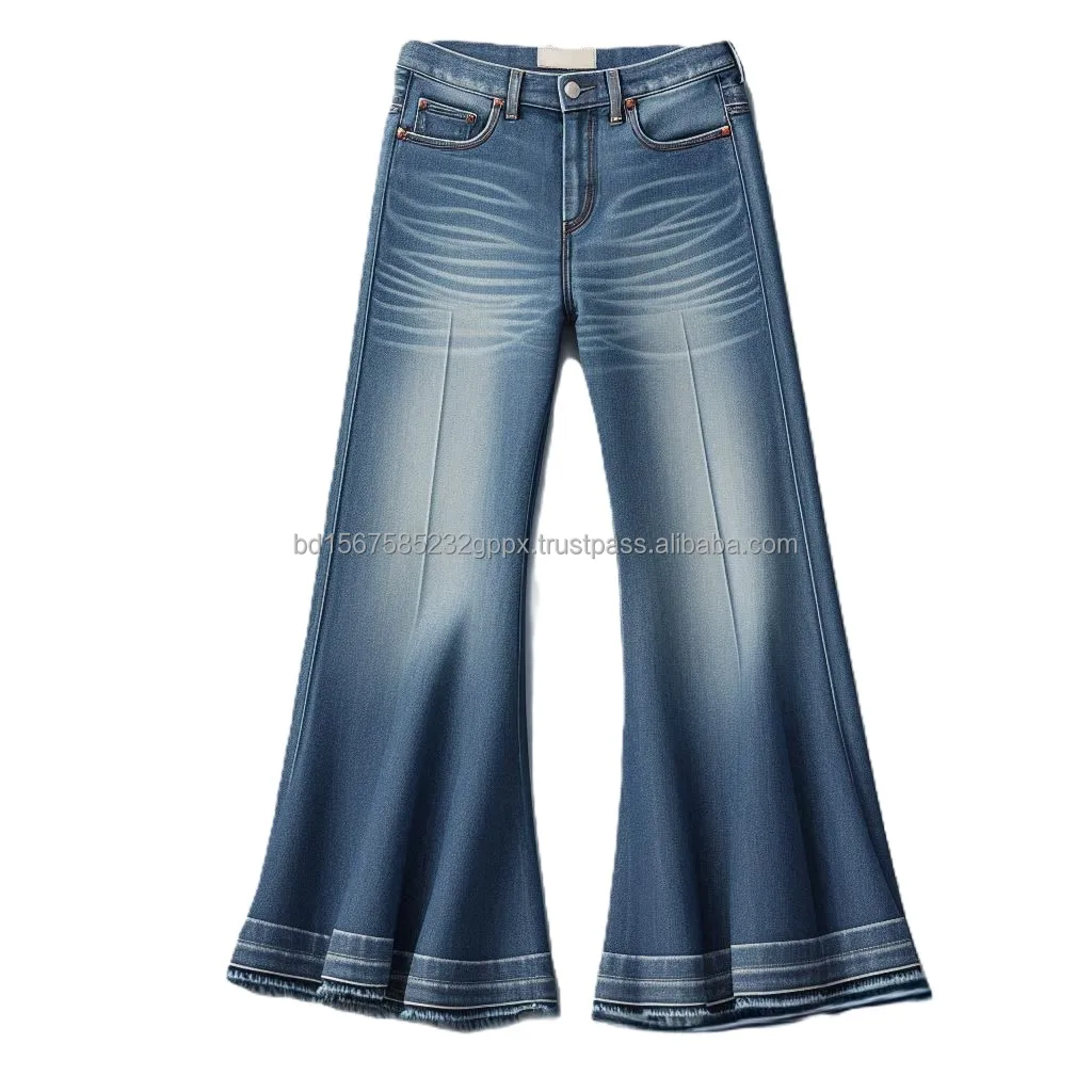Cotton Denim Jeans Ladies Wide Leg Flared Bell-Bottom Casual Style Washable High Street Boot Cut Belt Embroidery Decoration