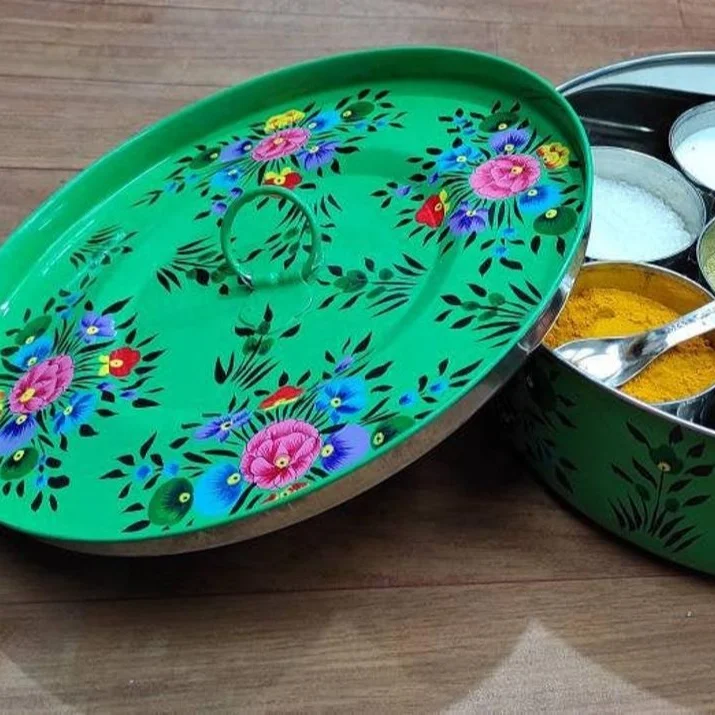 Indian Masala Box Antique Design 7 Cup Spice Container with Lid , Indian spice box, steel spice box