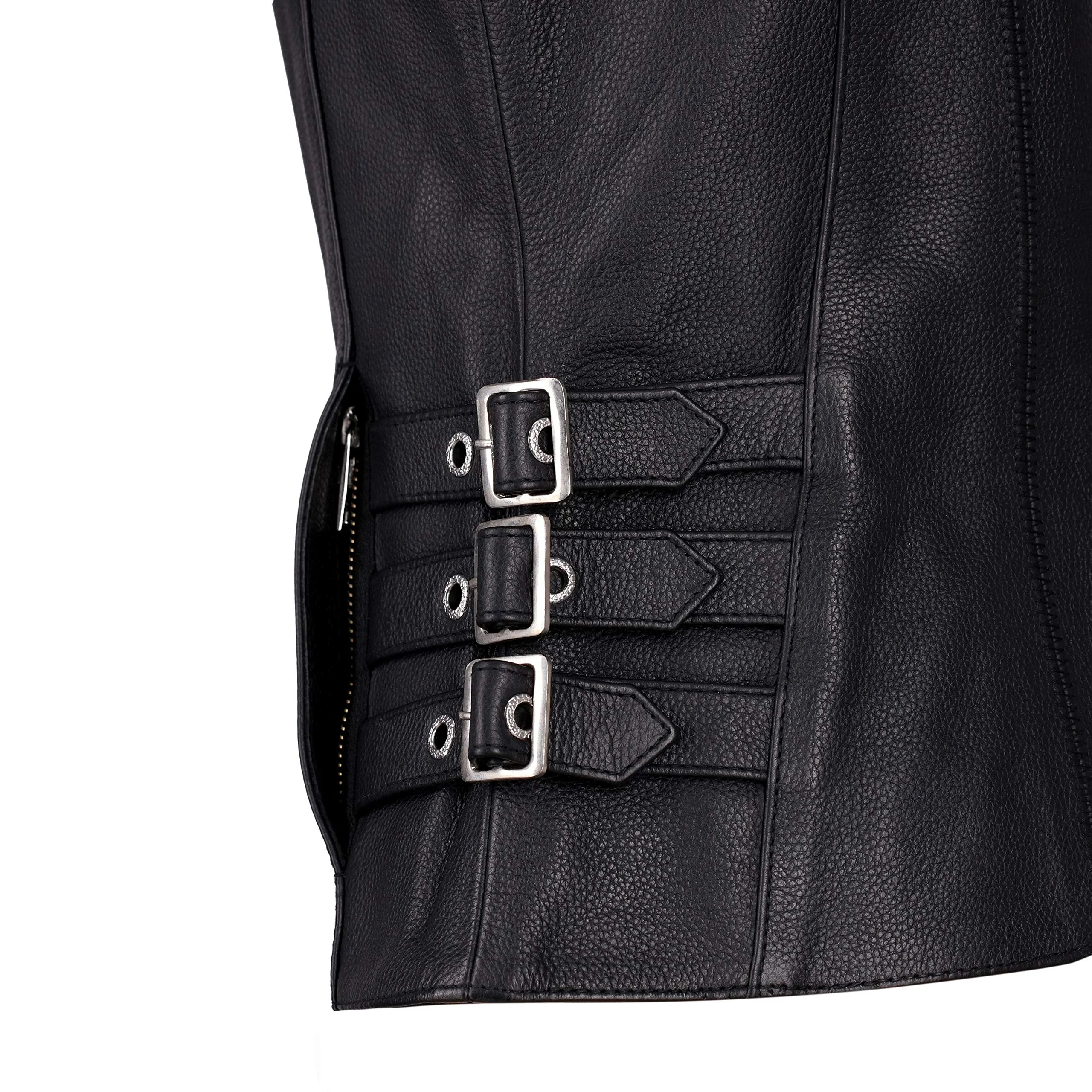 
OEM Custom True Element Womens Side Buckled Zip Front Motorcycle Collarless Club Vest with Quick Leather Motorbike Vest Club 
