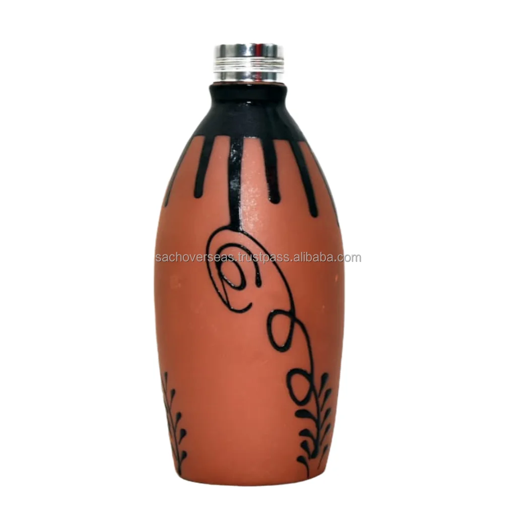 Premium Organic Clay 900 ML Hand-Painted Eco Friendly Portable Water Bottle with Metal Lid For Cool Water