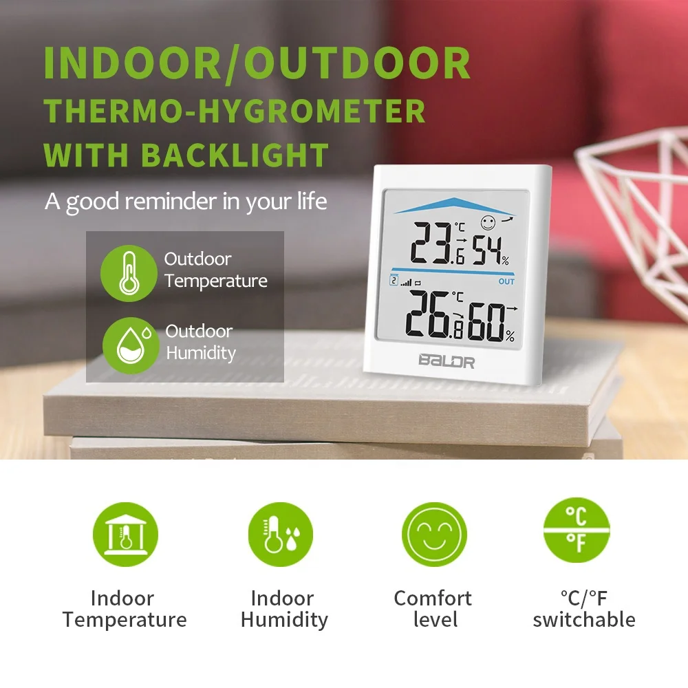 BALDR  B0135 Wireless Indoor Outdoor Digital Thermometer Hygrometer Temperature Humidity Meter With Backlight