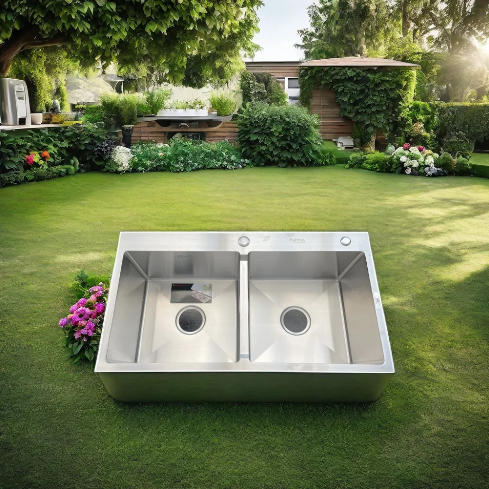 High quality double bowls Handmade Kitchen Sink with siphon set Made In Vietnam International standard