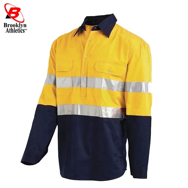 Two Tone Long Sleeve Safety Work shirt Reflective Workwear 100% Cotton Orange Navy Safety Shirts With Hi Vis Tapes