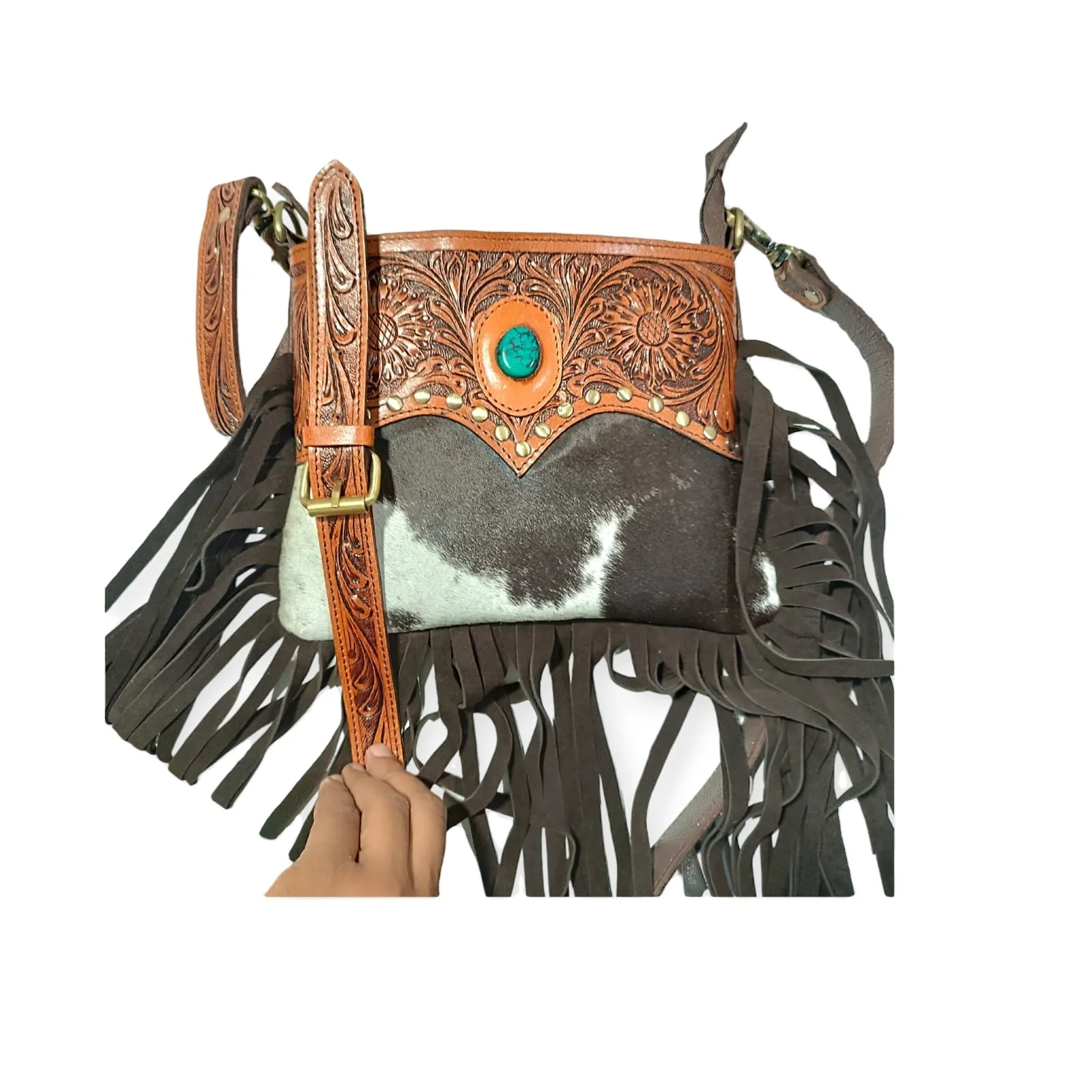 Ranch Western Cowgirls Leather Crossbody Bag With Turquoise Stone And Antic Brass Studs Soft Leather Fringes With Curved Designs