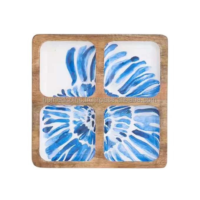 Premium Quality Wooden Decal Sticker Serving Tray sea shell design Mango Wood and Enamel Tray Perfect for Home Entertaining