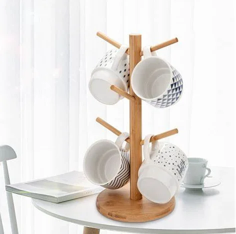 Coffee Mug Holder Wood Shelf Rustic Wall Mounted Cup Organizer Hanging Rack with 12 Hangers for Kitchen / Home / Coffee / Bar