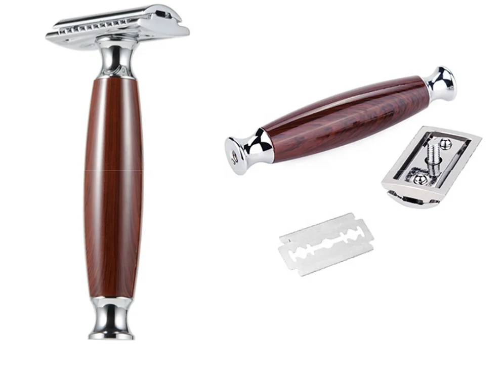 3 Pro Wood handle safety razor shaving brush badger hair set with stand holder