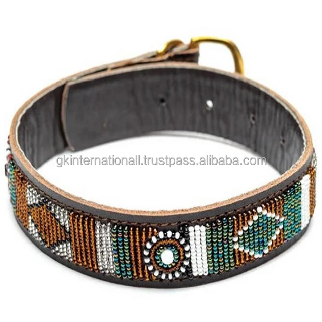 High Quality Leather Fabric - customized full colorful beaded - Brown and Black Full Grain leather dog collar - Golden metal