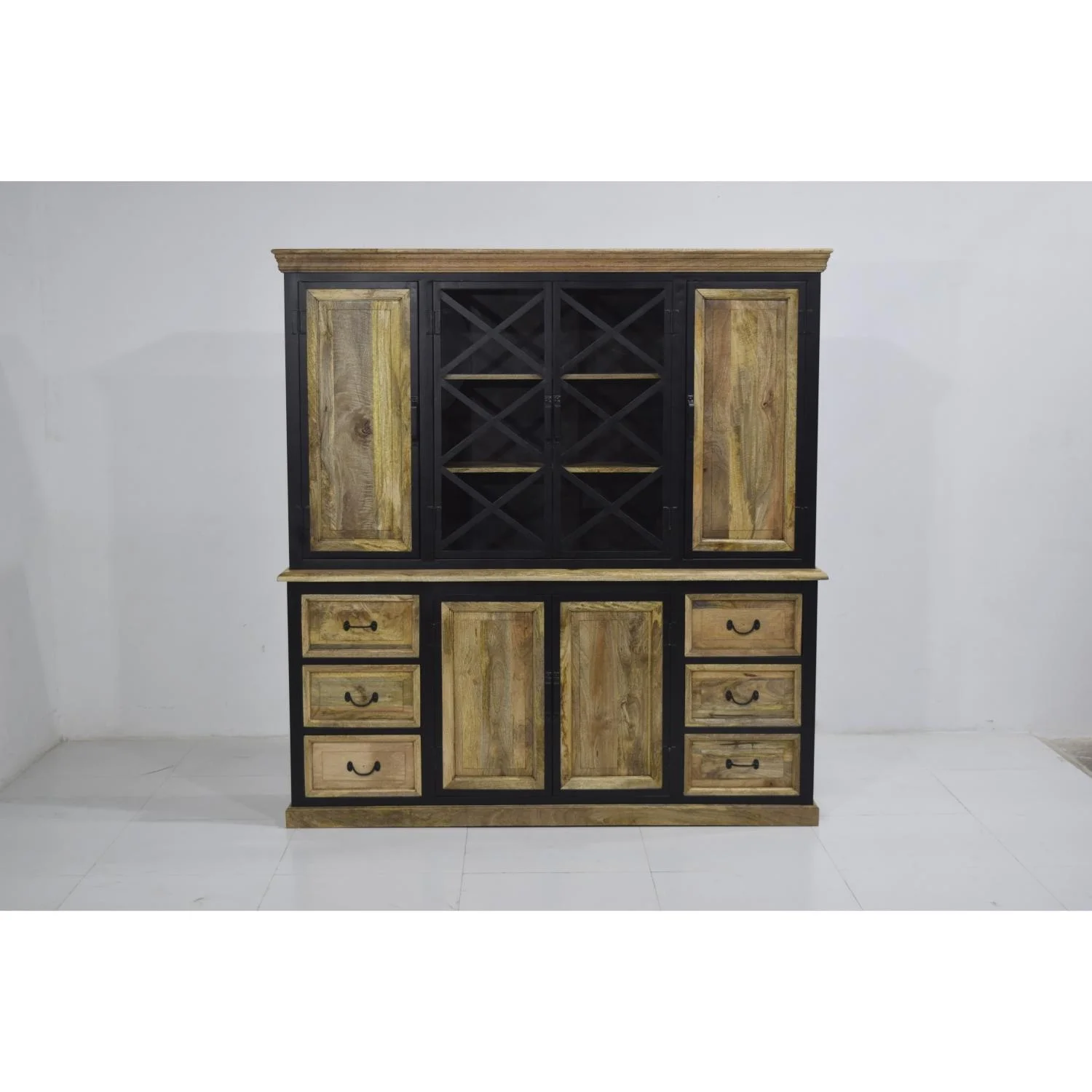 Solid Mango Wooden Iron Frame Glass Door Sliding Buffet Hutch Living Room Cabinet Showcase Storage Display Glass Doors