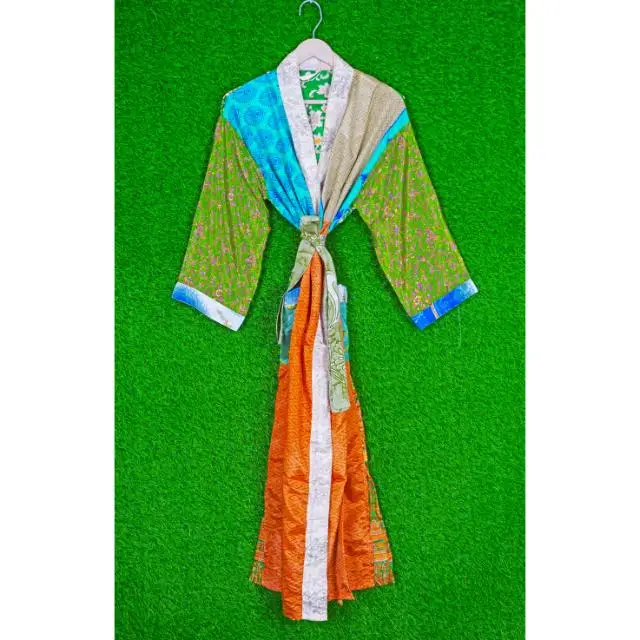 Women Vintage floral Silk Saree Casual Kimono Hippie Sari Bohemian Nightgown Women Beach Wear Sexy Silk Kimono