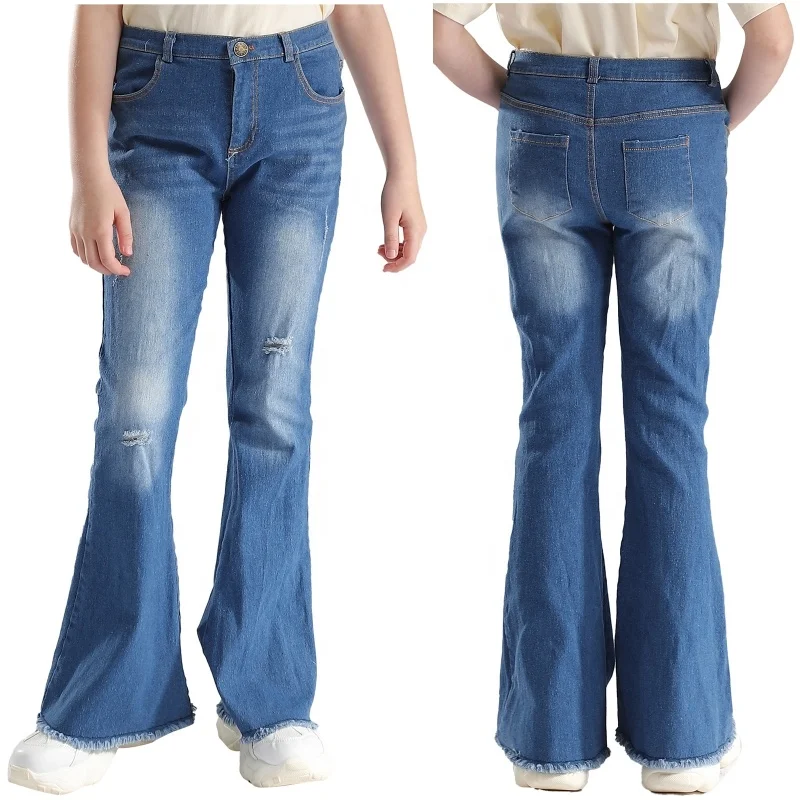 4-16 Years Kids Girls Pants Manufacturers Jeans Half Pants Stylish Clothing Ripped Denim Bell-Bottom Long Pants