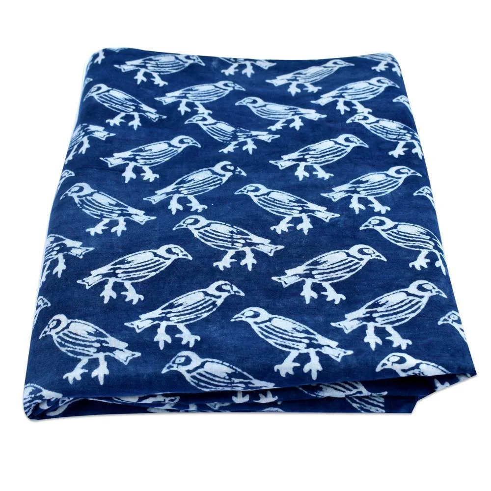Hot Selling Bird Hand Block Print Cotton Clothing Fusible Indian Durable Dark Blue Night Dress Sewing Fabric Wholesale
