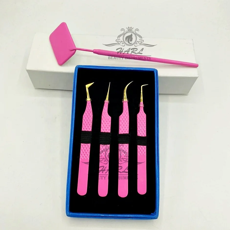 lash tweezers fiber tip pink and gold color eyelash extension tweezers with mirror personalized tweezers for eyelash extension