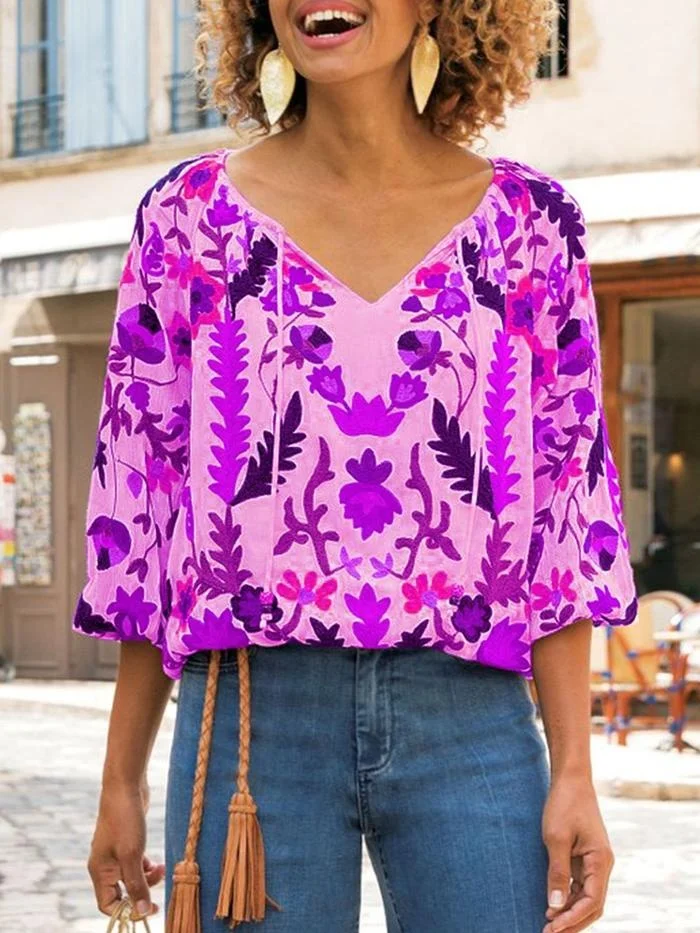 Made With Love Spring Elegant Summer Vintage Style Aari Embroidered Bodice Bohemian Collection Tasseled Tie Neck Women Blouse