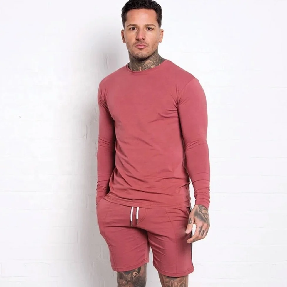 Custom Shorts and Shirts 100% Cotton Men Twin Set Long Sleeve t shirt and Short Sets New Arrival Short Two Piece Sets For Sale