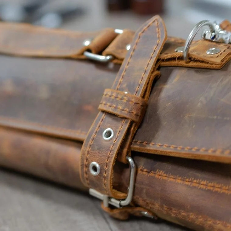 Top Quality Handmade Leather Sheath Cover Bag Storage Tool Roll Up Sheath Pouch Roll-Up 24-inch Sale Restaurant Cafe Bag