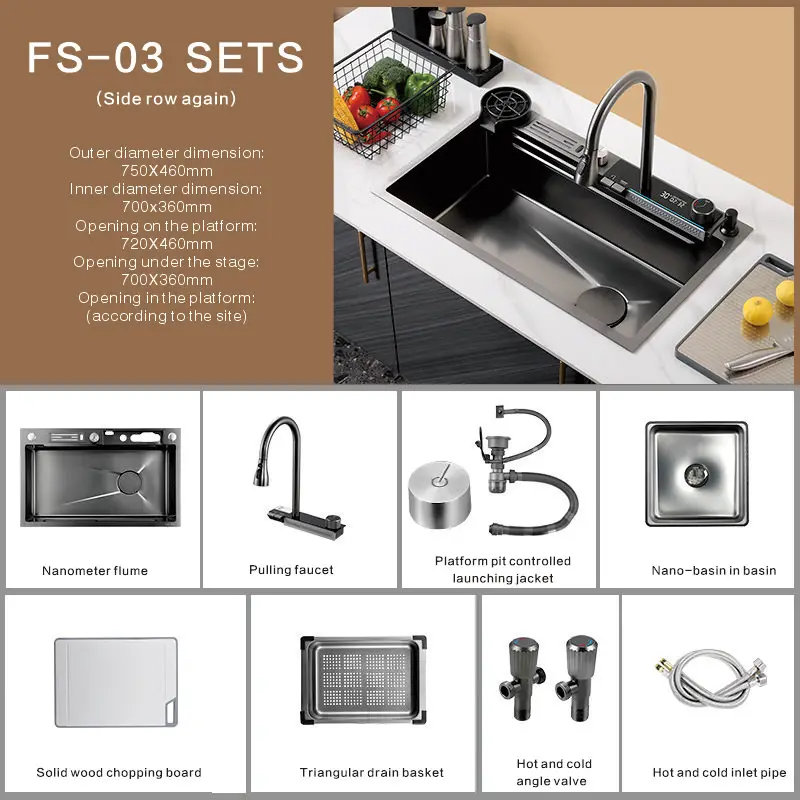 Waterfall Kitchen Sink with Whole Set Accessories SUS304 Stainless Steel Durable Multi Function Single Big Bowl sinks kitchen