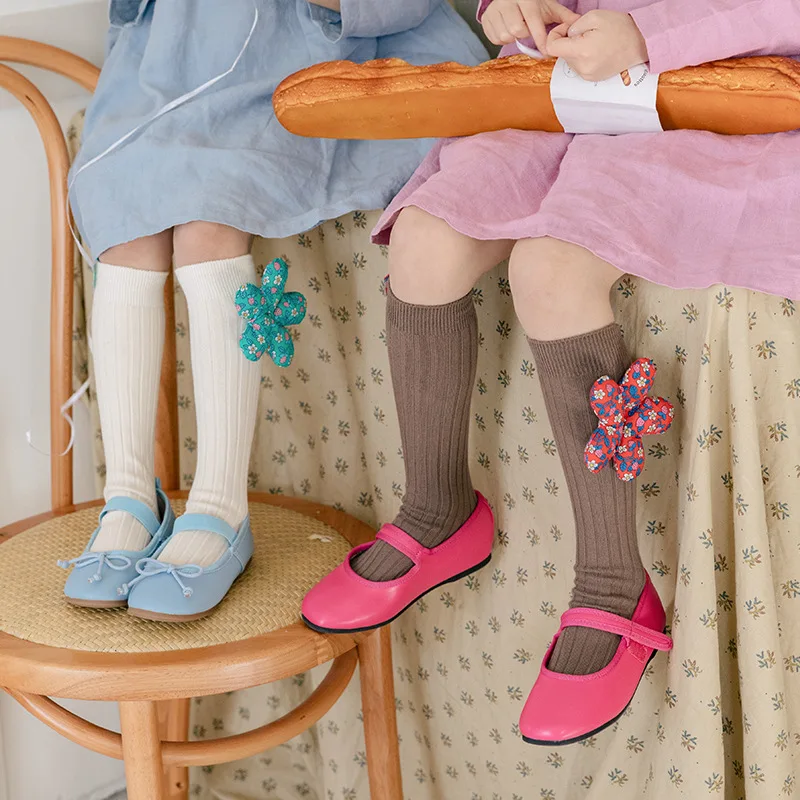 Korea New Big 3D Flower Girls Stockings Cozy Cotton Mid Calf Solid Color Princess Girls Socks