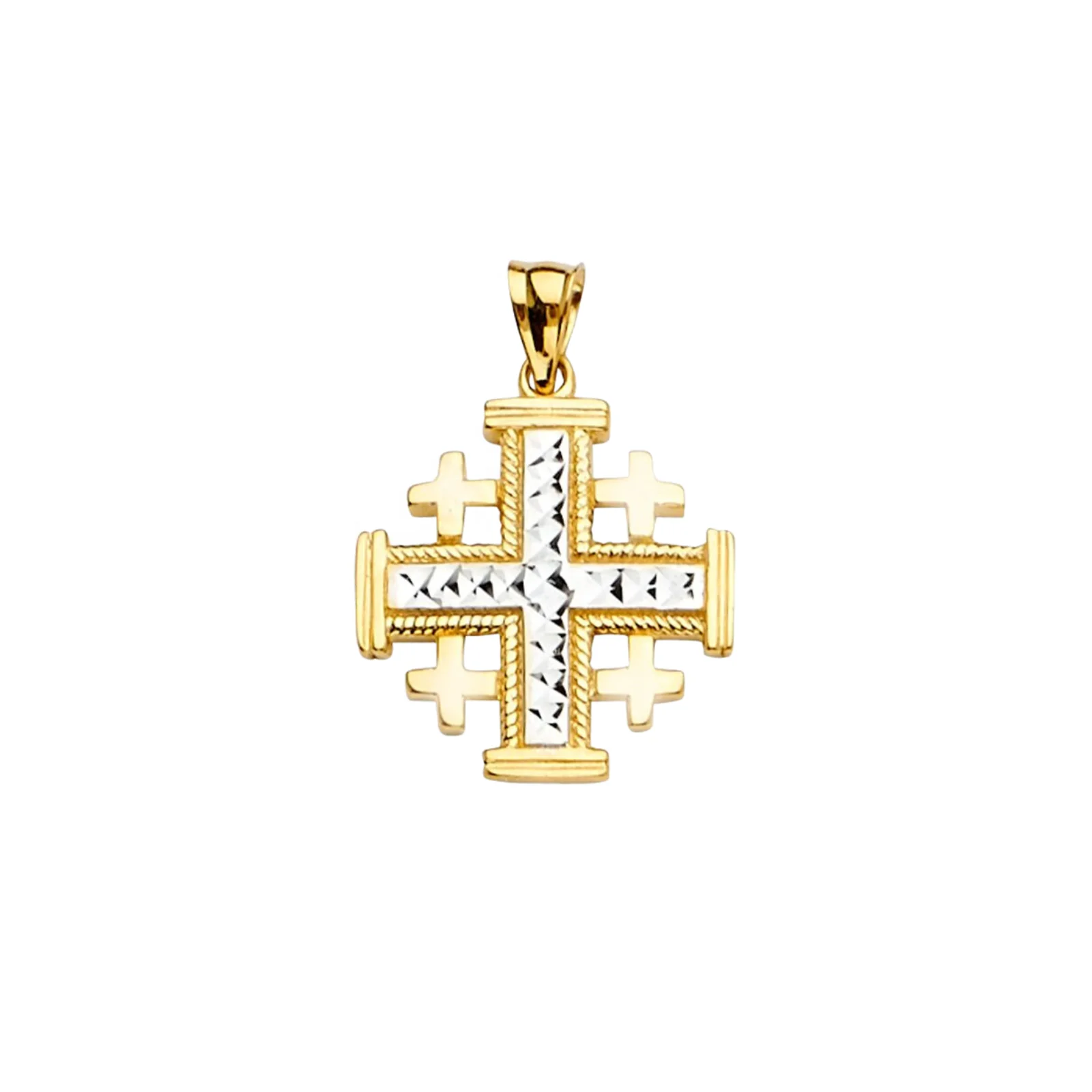 14K White and Yellow Gold Two Tone Plated Jerusalem Cross Pendant Christian Religious Jewelry