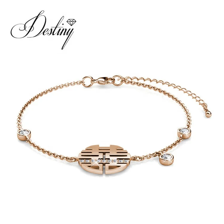 18k Gold Plated Chinese Wedding Word Unique Crystal Women Bracelet Gift For Friends Destiny Jewellery
