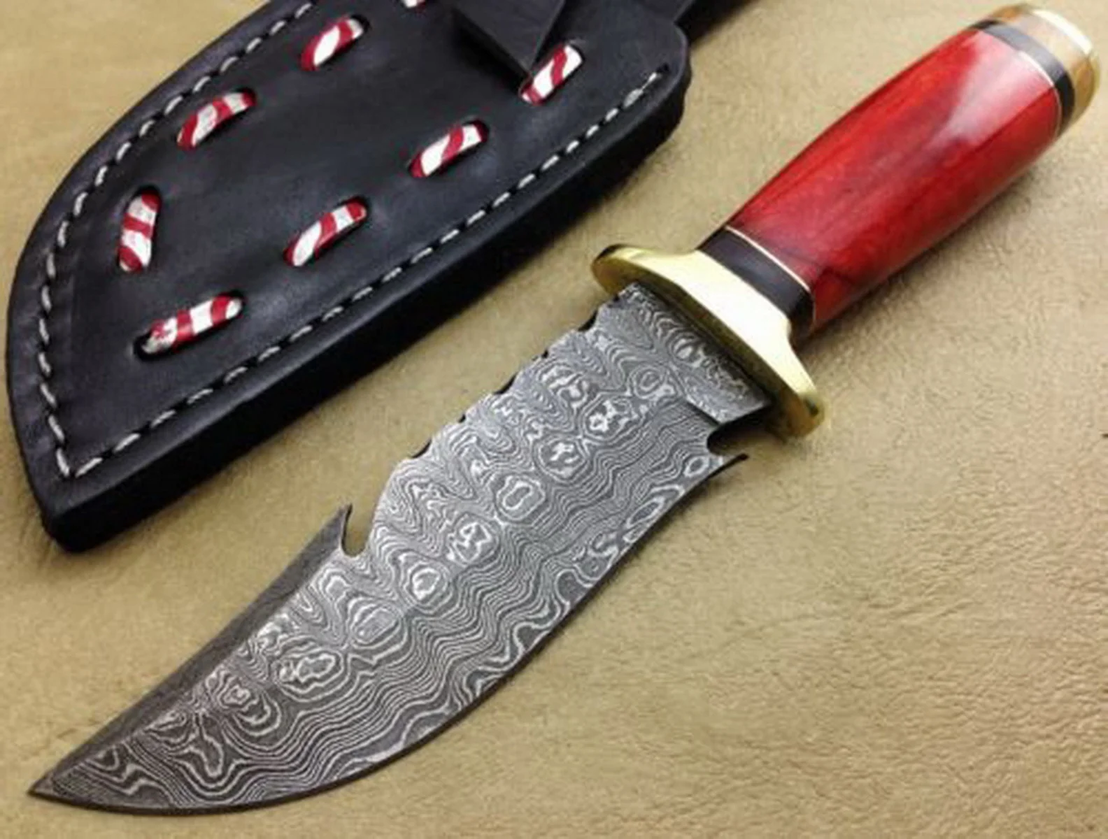 Custom Handmade Hand Forged Damascus Steel Clip Point Fixed Blade Hunting Knife with Leather Sheath Dyedl Bone Handle
