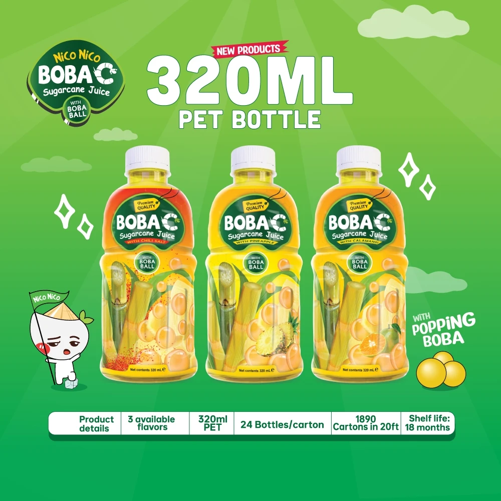 Boba C Sugar Cane Juice Drinks Tropical Flavors with Fruit Popping Boba 320ML PET Bottle Vietnam Exotic Drinks HALAL Beverage