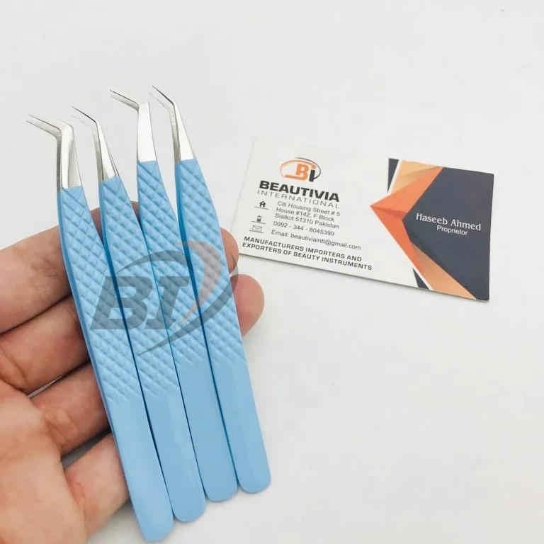 Sky Blue Color Coated Stainless Steel Hand Tested Light Weight Classic And Mega Volume Eyelash Extension Tweezers