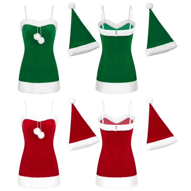 Womens White Flannel Wholesale Dancing Dress Mini Dress With Hat Beauty Santa Christmas Fancy Dress Costume