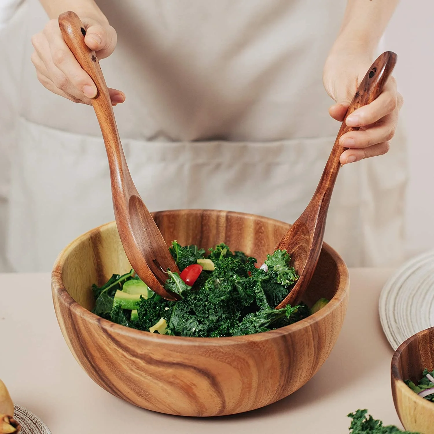 Acacia Wood Salad Bowl with Servers