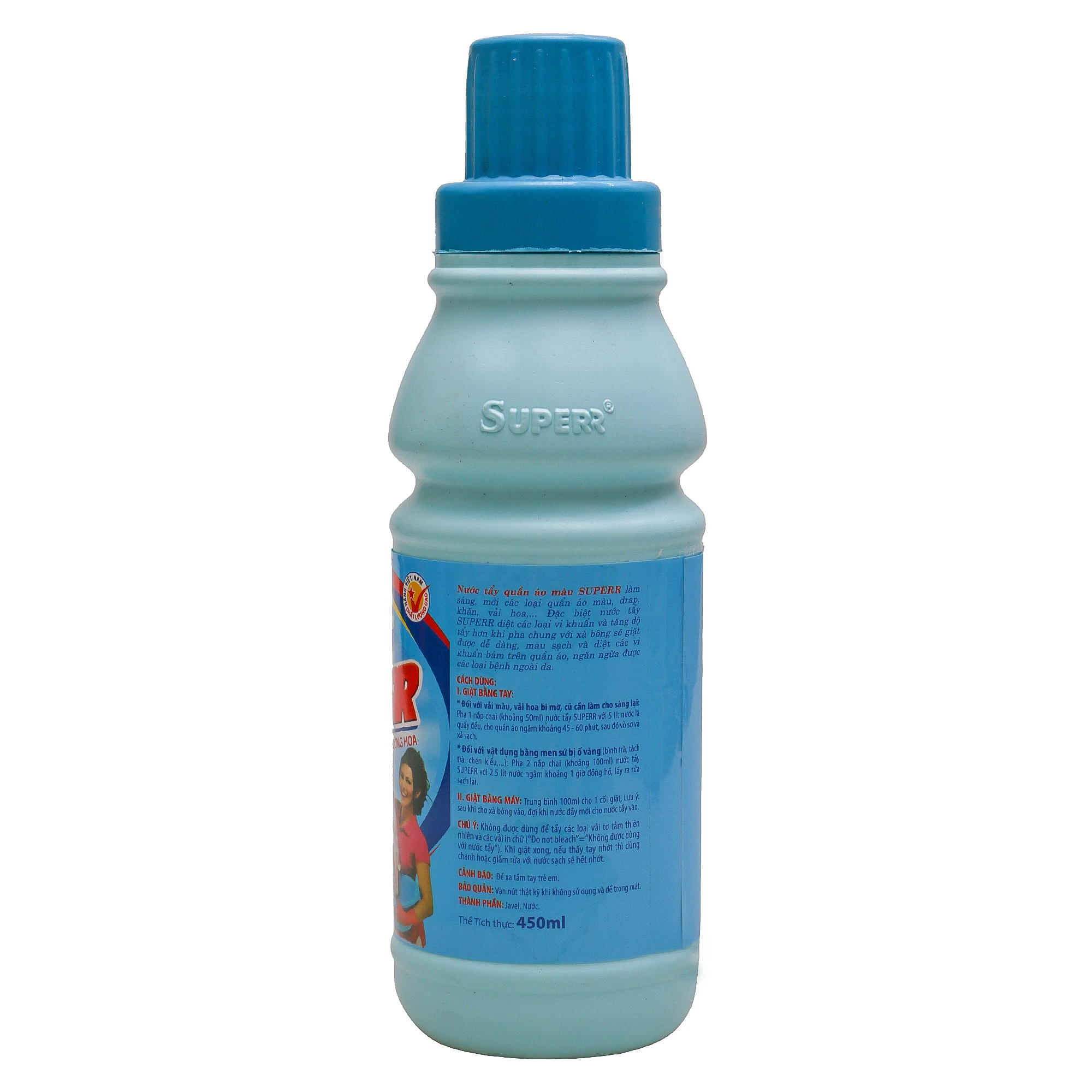 Superr liquid bleach with floral/lemon scent, safe for colored clothes, effectively prevents bacteria 450ML