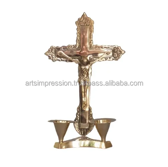 meta brass stylish church cross with candle bowl high quality home decor metal Christian church art metal hanging church cross