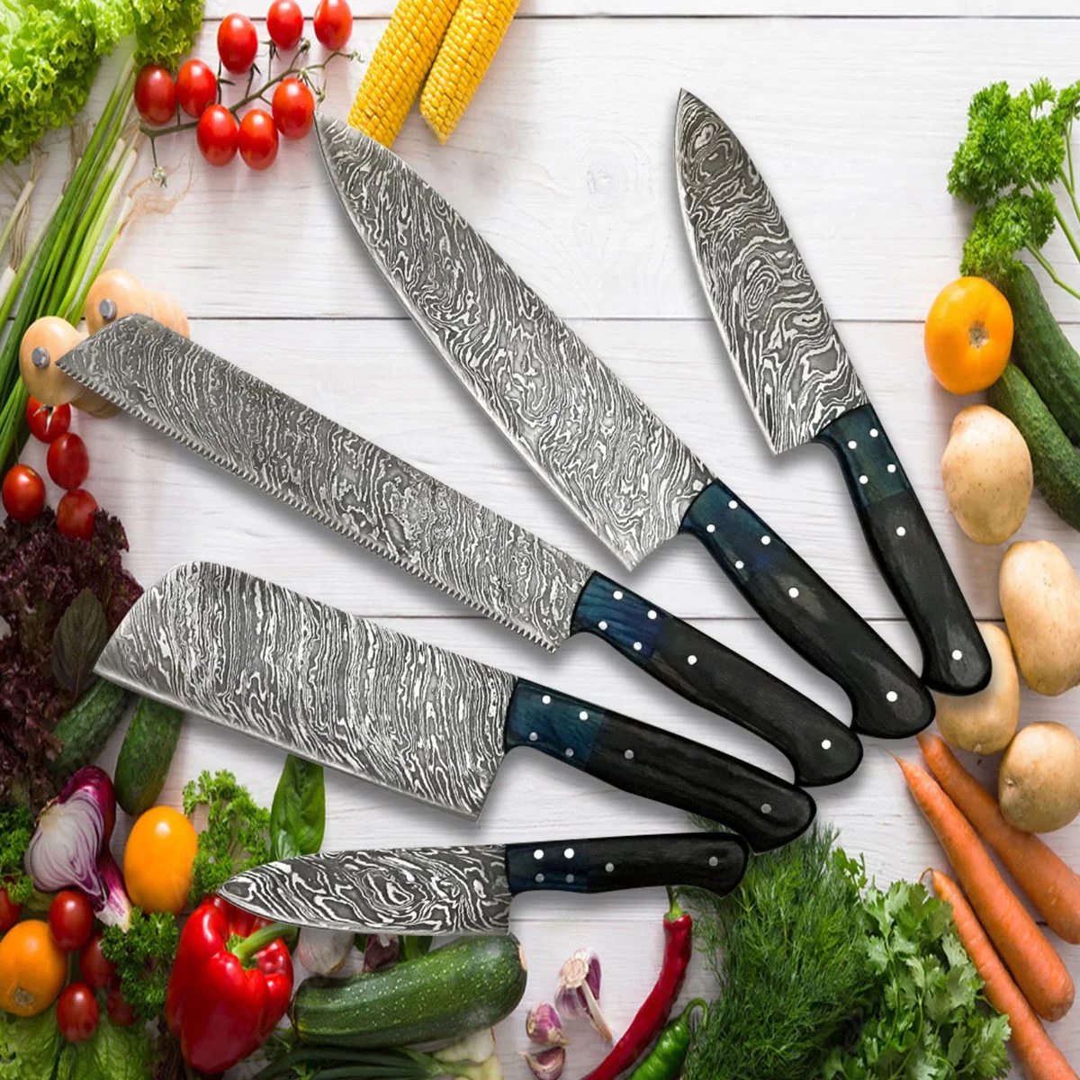 Professional Kitchen Knives Set Damascus Steel Wood Handle Sharp Cut Meat Cooking Santoku Chef Knife Set With Leather Roll