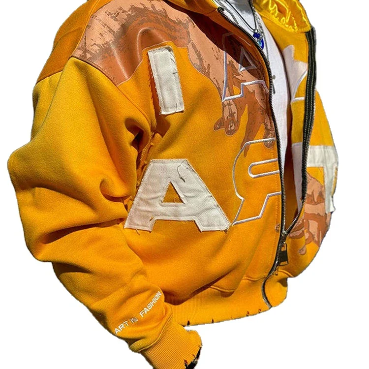 Unisex Custom Cotton 500gsm Heavyweight Hoodie Acid Wash Distressed Embroidery Applique Patch Zipper OEM Lining French Dye