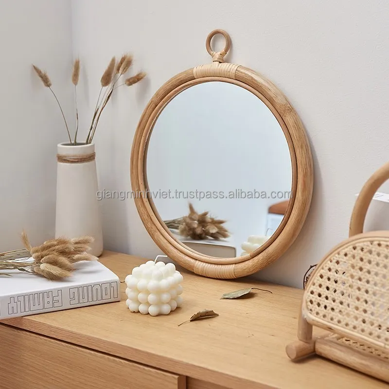 Home Decor Bamboo rattan furniture Handmade craft Vietnam Manufacture round woven wood wicker willow frame rattan wall mirror