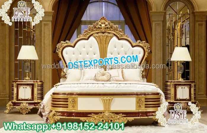 Heart Shaped Queen Size Carved Bed With Side Table Red Gold Finish Queen Size Wooden Bed Luxurious Carved Queen Size Bed