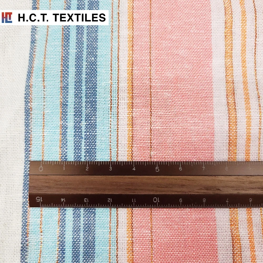 Весенне-летняя многоцветная ткань из вискозы и льна с металлическими полосками 190 г для платья