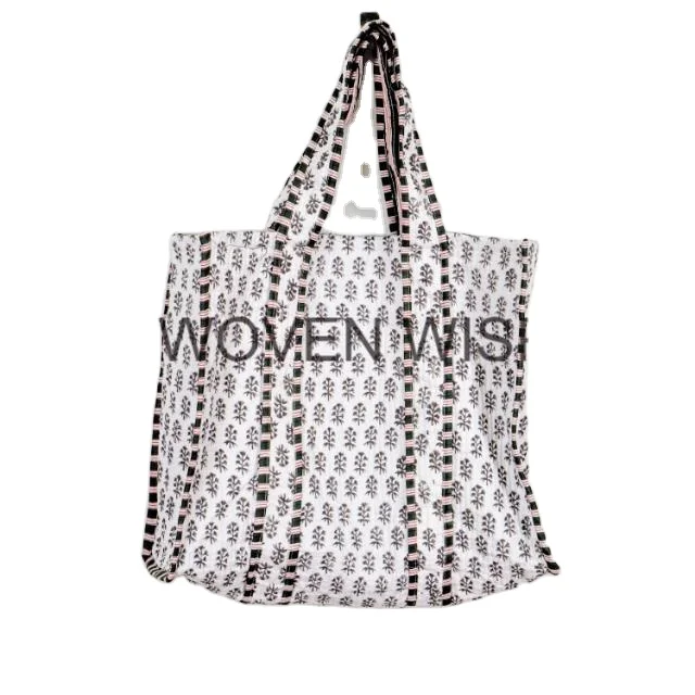 Quilted Tote Shoulder Patch Bag Cotton Handprint Floral Eco-friendly Sustainable bag Yoga Shopping Beach Artist Boho Weekend Bag