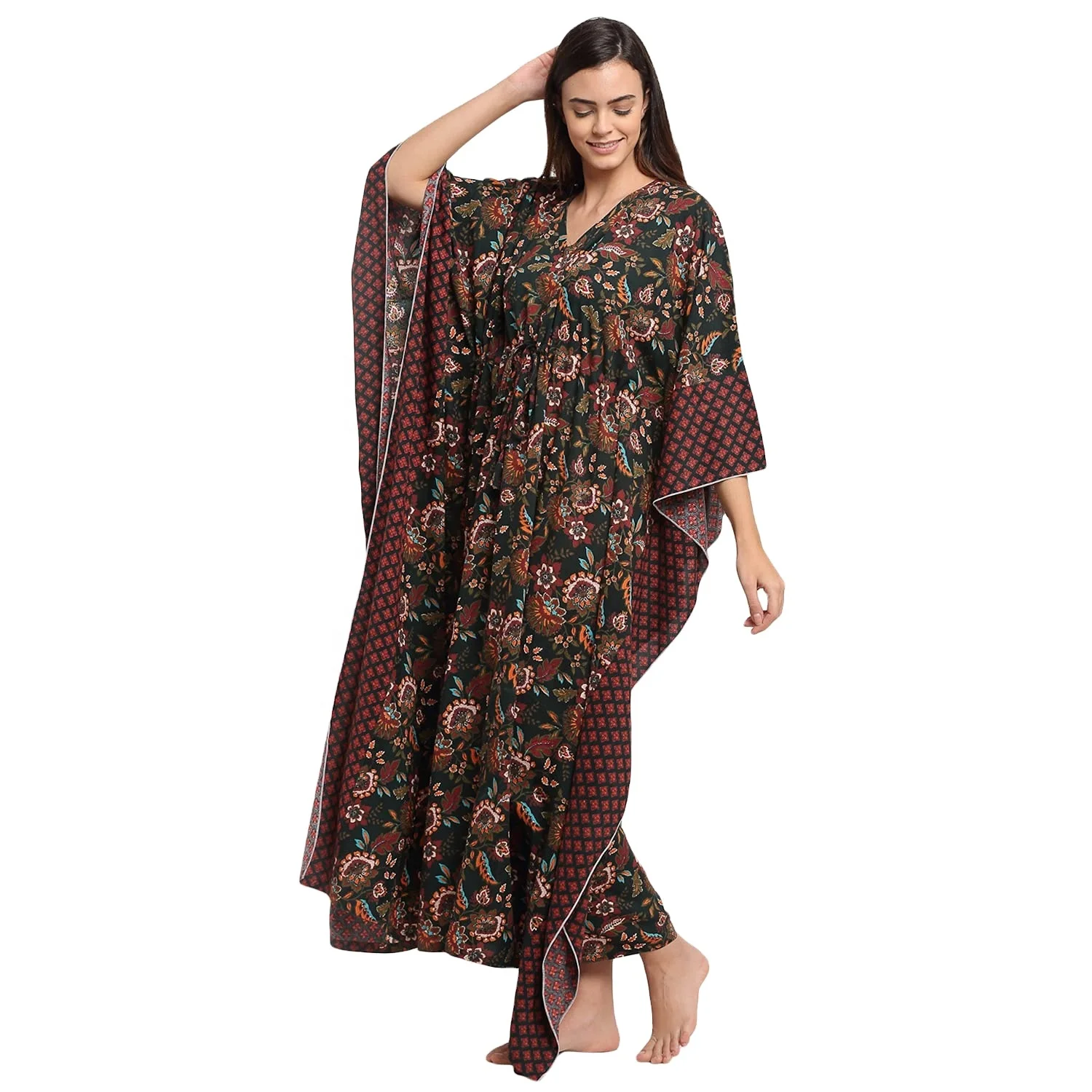 wholesale Plus Size Floral printed Kaftan Dress Woman Loose Fitting Dress Beachwear Dresses Bikini Cover Up For Summer Party