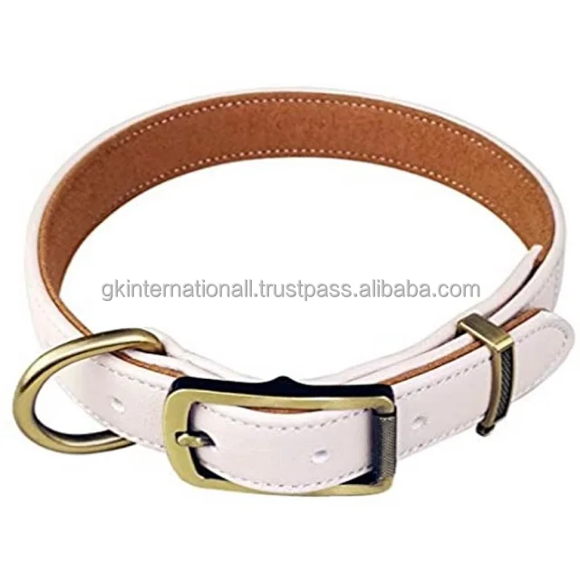 Strong and Durable Vibrant Color Heavy Duty Leather Dog Collar Full Padded and Stitching with Brass Finish H Buckle and D Rings