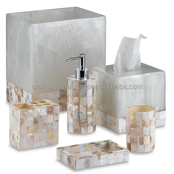Hot Selling  Mother of Pearl Inlay Bathroom Accessories Set Best Price Natural Color  Design luxury Bathroom Set for decoration