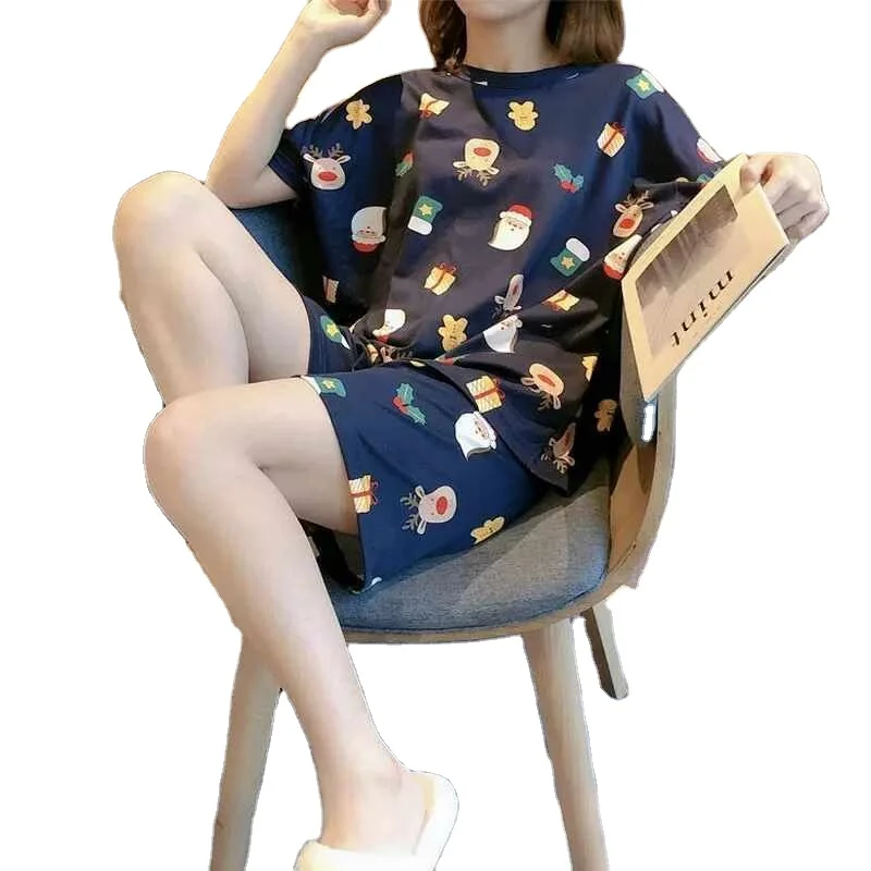 Женский летний пижамный комплект с принтом, свободная повседневная одежда для сна, футболки с коротким рукавом и шорты, домашняя одежда, комплект из двух предметов