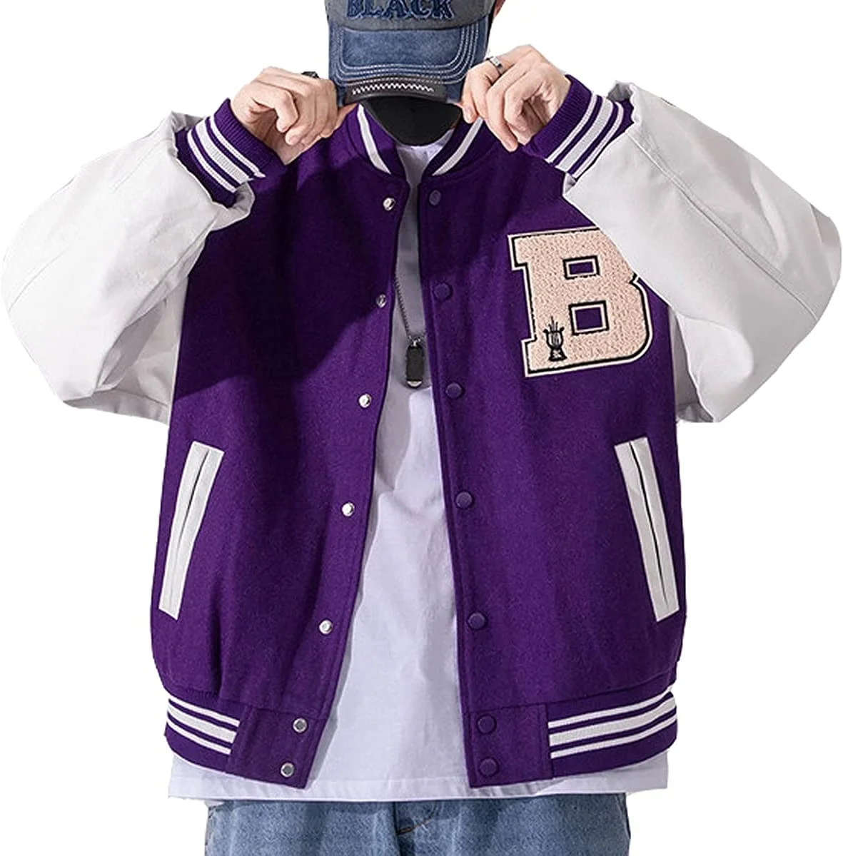 Оптовая продажа однотонная мужская или Женская Черная бейсбольная куртка Letterman varsity с кожаными