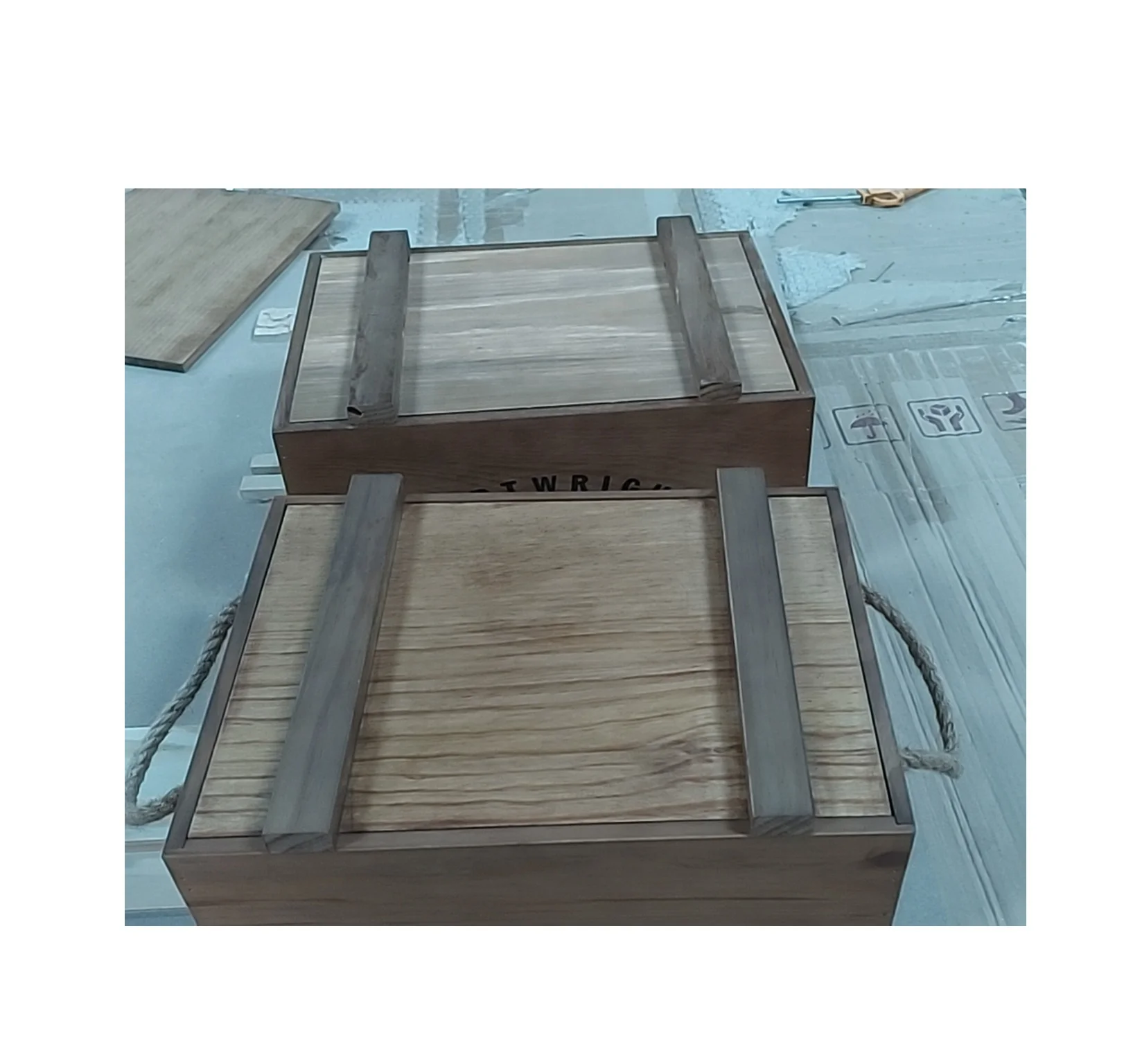 Large Brown Storage Crate Box Shabby Chic Vintage Walnut Wood Craft with Rope Handle for Wine Gift & Wall Signs Souvenir