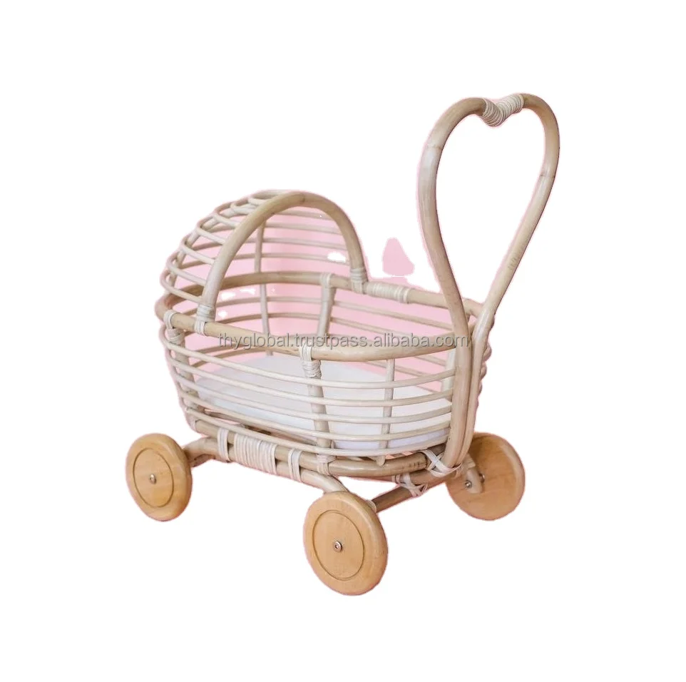 Wholesales home decor natural rattan trolley for toy baby doll carriage rattan stroller with cheap price for christmas event