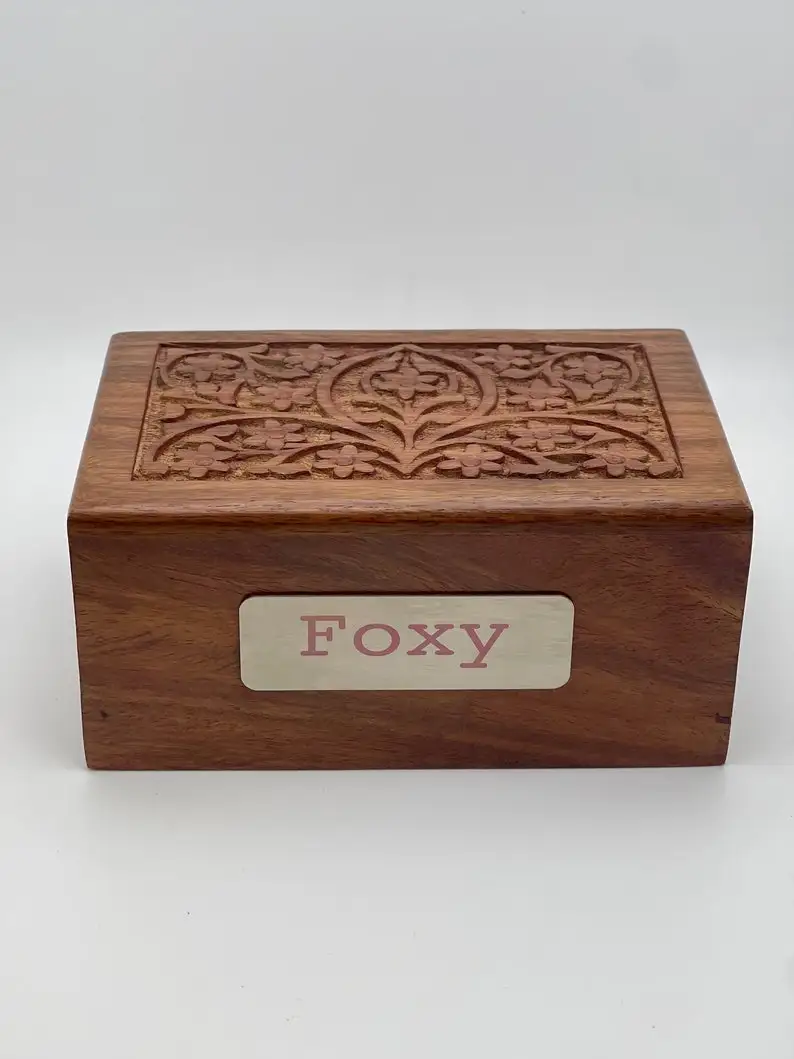 Pet Urn for Ashes Keepsake Carved Rosewood Box Pet Urn in Natural Reddish-Brown Color
